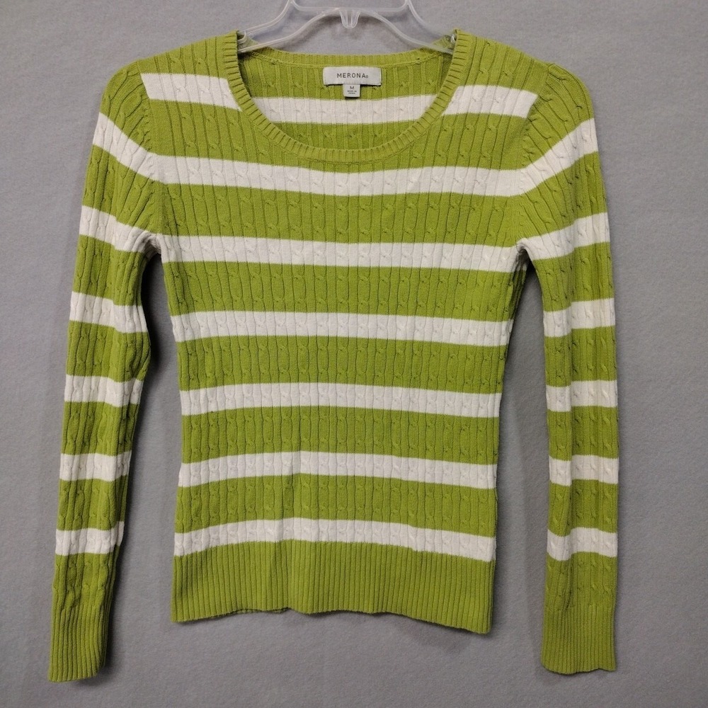 Merona Women M Sweater Green Striped Y2K Cable Knit Lightweight Pullover